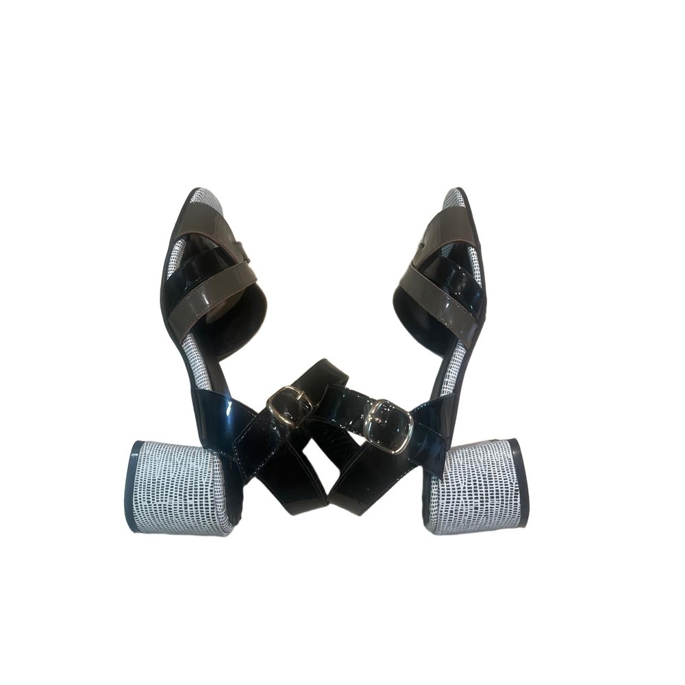 All Black Black Strappy Design Ankle Strap Open Toe Patent Leather Sandals EU 39